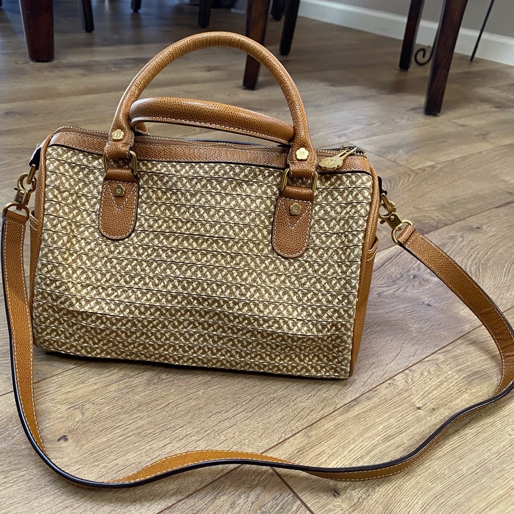 ERIC JAVITS Tan Leather Rattan Purse Bag